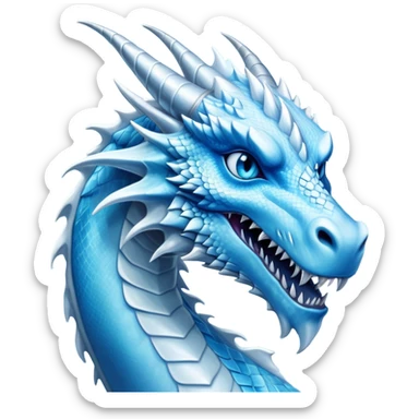 Cinematic Noble elegant Ice Dragon Portrait Emoji, Poised and imposing, distinct long elegant snout, with a slender, scaled body shimmering in glacial hues of icy blue, frostbitten silver, and crystalline white, breathing out frost, with piercing, glowing ice blue white eyes that radiate the chilling depths of an arctic storm; rendered in detail. excuding wisdom sticker