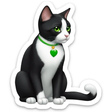 tuxedo cat that has green eyes and a heart nose sticker