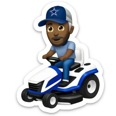 Bigger white man with short grey beard and blue Dallas cowboys hat riding lawn mower  sticker
