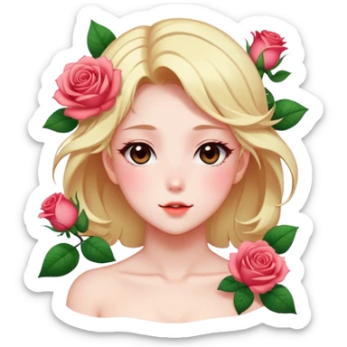 Gorgeous pastel shiny pearly colorful anime style lady with blushing face and roses leaves shiny aesthetic trending style sticker