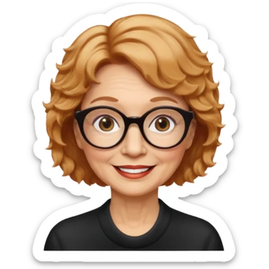 woman 70 years old, very short strawberry blonde weavy hair, brown eyes and round dark glasses smile sticker