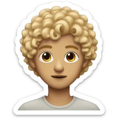 black eyes, very very curly blonde short hair teen boy, serious face, tan skin sticker