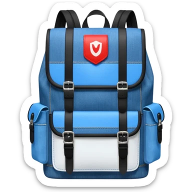 a blue denim backpack with a flap top, two vertical *black buckle straps* on the front. The backpack has two side pockets and a soft square shape. at front pocket bottom side, red and white two divided logo like tommy hilfiger 

 sticker