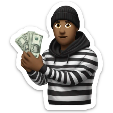 Robber with a striped black and white shirt with a black beanie and a money bag sticker