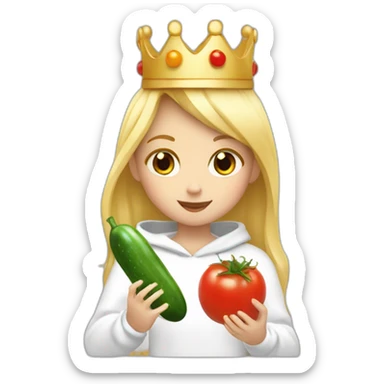 blonde girl  eating  cucumber and tomatoes with white hoodie iridescent and a crown princess sticker
