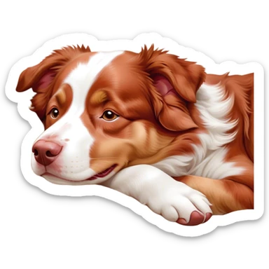 Cinematic Meme-Worthy Chubby Sleeping Red and White Merle Australian Shepherd Portrait Emoji, Head resting peacefully with a contented smile, showcasing a delightfully chubby build and a luxuriously soft red and white merle coat, eyes shut in a serene nap, Simplified yet hilariously adorable features, highly detailed, glowing with a soft, drowsy light, high shine, relaxed and utterly lovable, stylized with an air of playful laziness, bright and heartwarming, soft glowing outline, capturing the essence of a comically sleepy Red and White Merle Australian Shepherd, so meme-worthy it feels like it could instantly become the next viral sensation of adorable slumber! sticker