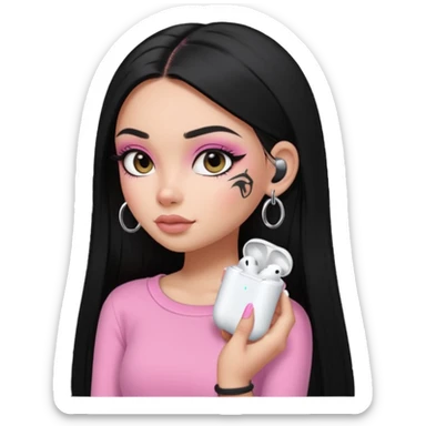generate a pretty bratz girl with black long straight hair and airpods on, tattoo on shoulder, eyeliner on sticker