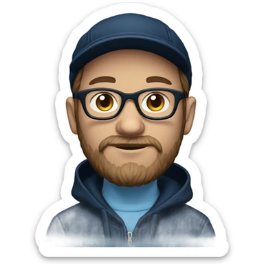 a white dude with beard and sideburns and glasses wearing a black newsboy hat a navy blue hoodie with baby blue tribal on the front and arms sticker