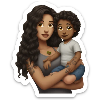  Brunette with tattoos on arm with long hair holding a baby boy with dark brown curly hair  sticker