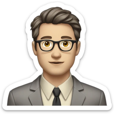 Full height Pale skinned Fit Man With dark brown hair in classic gray suit, beige office shirt, dark gray tie, and vintage glasses. Thrumbs of his palms directed up sticker