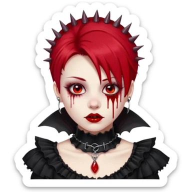 Shiny beautiful cute cool gorgeous attractive gothic vampiric lady with bloody hair, bloody lips, bloody face, blood-choker, spiked collar, frills, black dress, red rubies  sticker