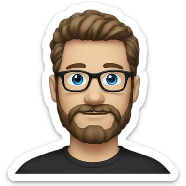 White man with blue eyes and dark brown hair, styled sideways backwards. He has a beard and mustache trimmed and wears a black t-shirt and vintage glasses. sticker