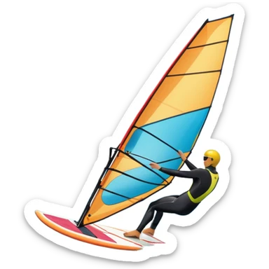 A windsurfer gliding across the ocean, with a vibrant sail catching the wind. The scene captures the motion of the board riding the ocean waves, surrounded by the bright blue sky and ocean, symbolizing the excitement and skill required in the sport of windsurfing. sticker