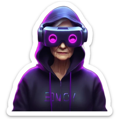 Russian old woman wearing a black hoodie with "OMG" letters on it and VR headset in a cyberpunk VR environment with violet neon lighting. sticker