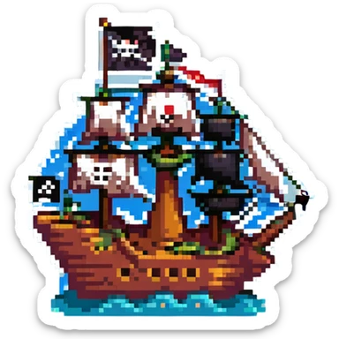 pixel art pirate ship with sails and Jolly Roger flag sticker