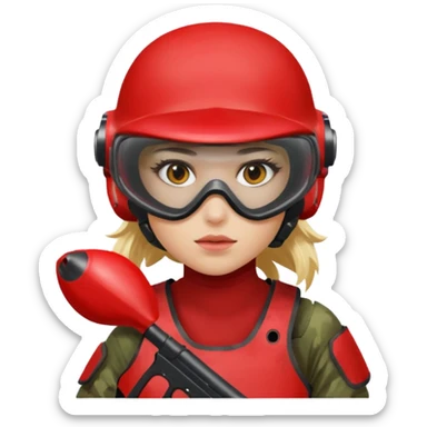 blond girl playing paintball with red paintball helmet with eye protection, only face sticker