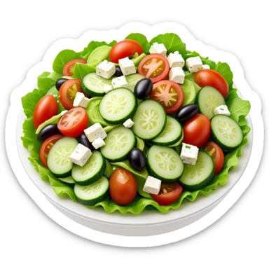 Cinematic Realistic Greek Salad Dish Emoji, depicted with crisp lettuce, tomatoes, cucumbers, olives, and feta cheese rendered with vibrant textures and fresh, natural lighting. sticker