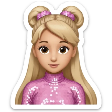 Ariana Grande with long dark blonde ponytail hair, light pink sequin outfit sticker