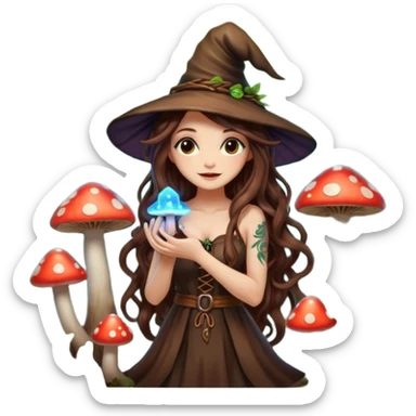 cute forest witch woman long wavy brown hair tattoos hugging glowing mushroom sticker
