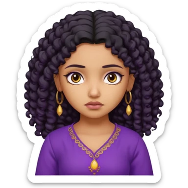 a tan pretty bratz indian girl with curly black hair, looking sad. purple kurti sticker