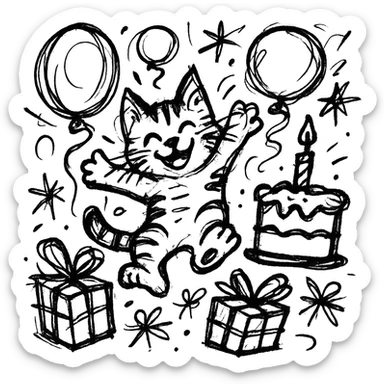chaotic outlined icon of a happy tabby kitten jumping among balloons, birthday cake, and gift boxes, with wild, scribbled lines sticker