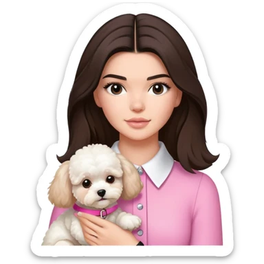 brunette Kendall Jenner with long hair holding on the hands white maltipoo wear on pink collar sticker