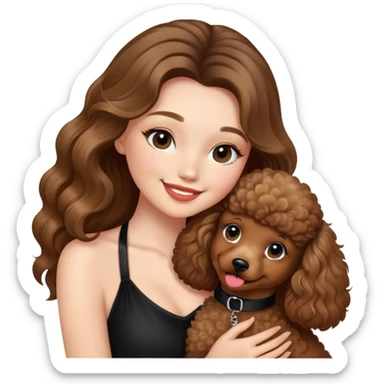 a girl with long balayage hair and long lashes, smiling, wearing black halterneck top, and holding and kissing a brown poodle sticker