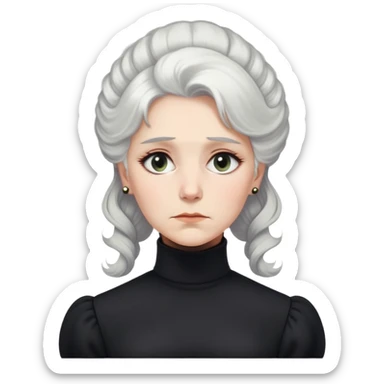 A Victorian woman with elegant coiffed white hair and light eyes wearing a modest unaccessorized black turtleneck mourning dress looking down with a forlorn expression sticker