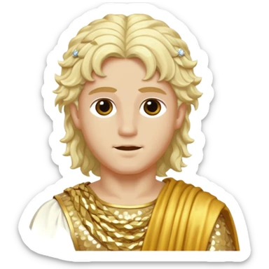 Apollo, God of Sun from Roman Deities with long platinum blonde wavy hair, gold sequin toga sticker