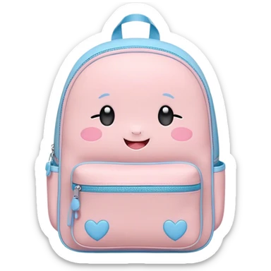 Cute Kawaii Backpack, round and chubby, soft pastel pink and blue, tiny heart-shaped zippers, blushing cheeks, a tiny smiling face, a happy school-time companion! sticker
