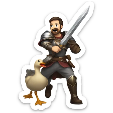 Confident armored White Man with dark brown hair and a short beard pointing forward with one arm holding a sword and yelling a battle charge while riding on the back of a giant duck sticker