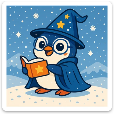 Add falling snowflakes to the scene with the playful penguin wizard and snowy background, keeping the fun and friendly style. sticker