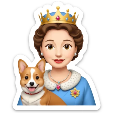 Queen Elizabeth II emoji, with corgi dog, cheerful sticker