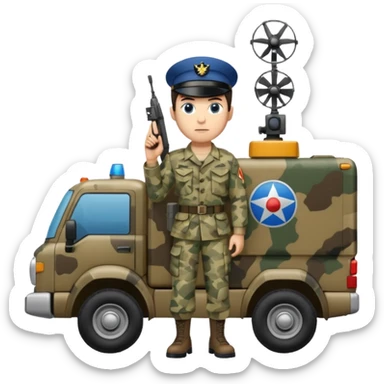 Full body of a dark haired blue eyed army man with radar truck weapon and wearing camo uniform  sticker