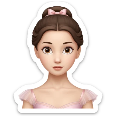 Cinematic Realistic ballerina Portrait, depicted with lifelike skin texture, subtle rosy undertones, and soft natural lighting that enhances the gentle contours of her face. Her intricately detailed sweet brunette hair is elegantly styled, sticker