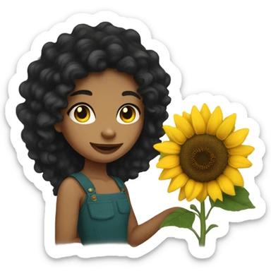 Long black Curly hair Girl holding sunflower . Her skin is tan she’s very pretty with cat eyes sticker