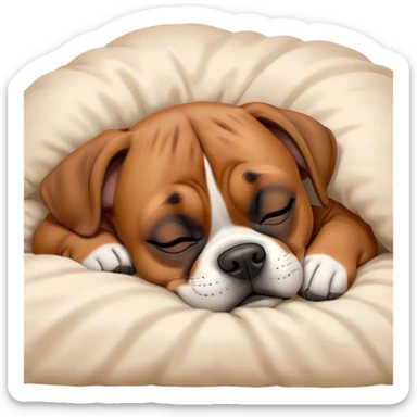 Cinematic Meme-Worthy cute Sleeping Boxer dog Portrait Emoji, Head resting peacefully with a contented smile, showcasing a delightfully cute build and a luxuriously soft fawn fur, eyes shut in a serene nap, Simplified yet hilariously adorable features, highly detailed, glowing with a soft, drowsy light, high shine, relaxed and utterly lovable, stylized with an air of playful laziness, bright and heartwarming, soft glowing outline, capturing the essence of a comically sleepy Boxer, so meme-worthy it feels like it could instantly become the next viral sensation of adorable slumber! sticker