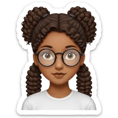 chica morena de ojos claros con gafas negras exagonales redondeadas. y pelo rizado castaño con todo el pelo recogido en una coleta .. Con todo el pelo recogido un clen look solamente una coleta tiene 16 años sticker