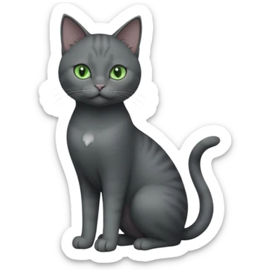 full body view of beautiful female solid dark grey cat with green eyes, grey face, white toes/paws and white patch on her chest sticker