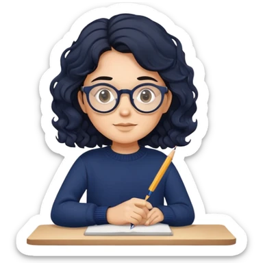 Reliable-looking designer with wavy black hair, round glasses, navy blue sweater, organized, holding pen with competent expression sticker