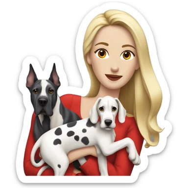 Harlequin Great Dane with woman in red clothes with long blonde hair sticker