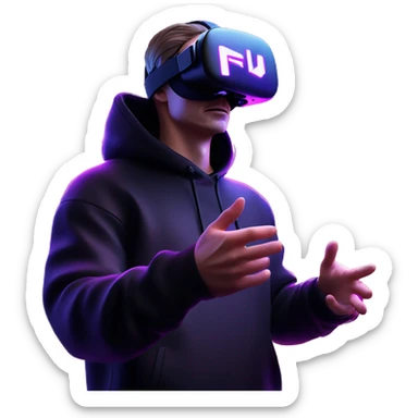 Russian man wearing a black hoodie with "OMG" letters on it and VR headset oculus quest 2 in a cyberpunk VR environment with violet neon lighting. Showing direction with hand sticker