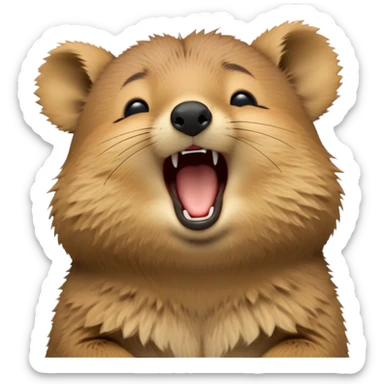 cinematic-realistic  yawning quokka-emoji,-small-round-frame, head tilted in an endearing manner, wouth wide open yawning, sleepy comical smile, round fluffy cheeks, giant-fluffy-cheeks-large-smile-fluffy-brown-fur-radiating-a-warm-softness,-big-round-eyes-filled-with-joy, realistic round  fluffy zoomed in, large black eyes one paw raised in the air sticker