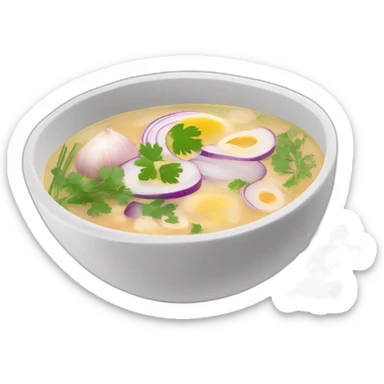 hot soup with the following ingredients sliced red onions, albacore, parsley and yucca sticker