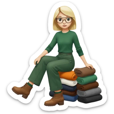Fille blonde, pantalon ample vert foncé. Lunettes ronde fine. Bottines marrons. Elle pousse une cargaison de chaussettes  sticker