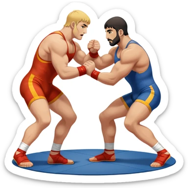 An icon symbolizing Greco-Roman wrestling, showing two wrestlers locked in a powerful grip, focusing on upper-body techniques. The background features a wrestling mat, with the athletes wearing traditional singlets. Transparent background highlights the strength and skill of the sport. sticker