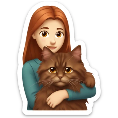 Copper red straight haired girl with brown eyes hugging Dark Brown Siberian cat sticker
