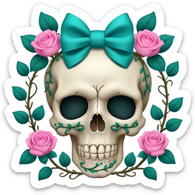 Skull with Pink bow with vines and teal roses sticker