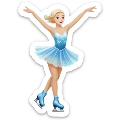 An icon featuring a shimmering rink, colorful spotlights, snowflakes gently falling from the sky, and an audience in the stands, with a snowy landscape visible through large windows with a graceful figure skater performing a spin on a sparkling ice rink. Transparent background. sticker