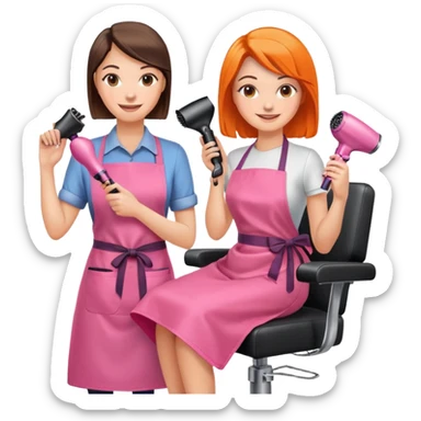 smiling woman client in pink apron sitting in salon chair, female hairstylist smiling behind her with orange apron, holding a hairdryer in right hand sticker